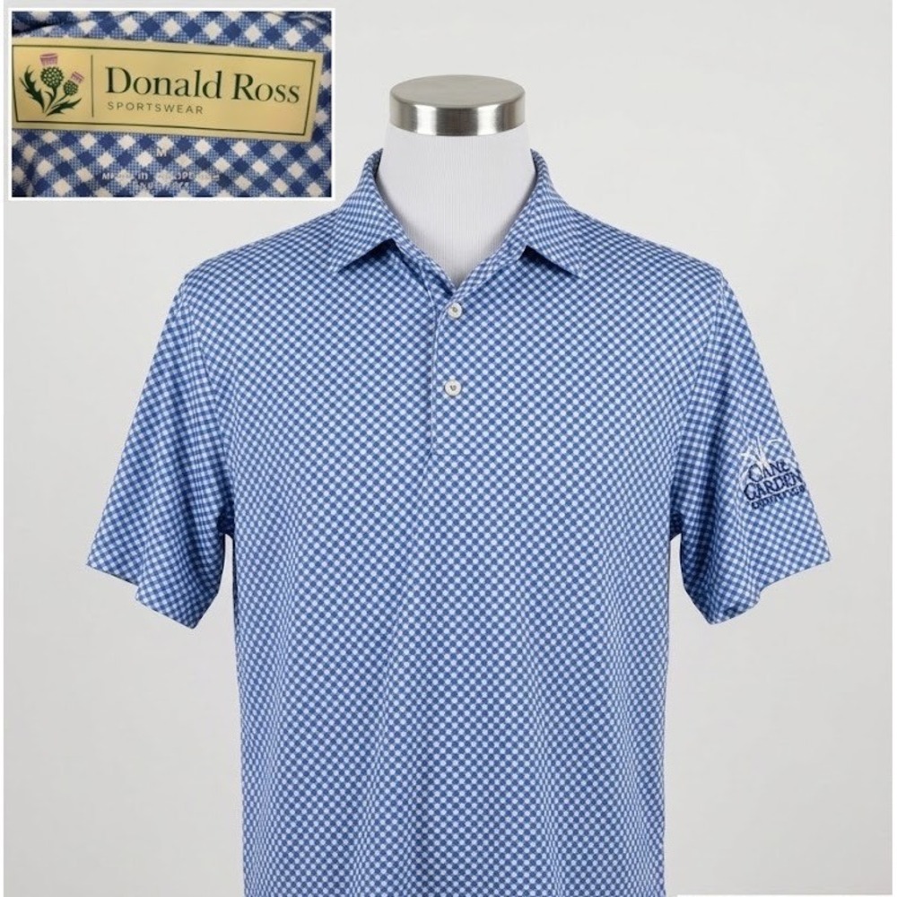 Donald Ross Mens Classic Fit Short Sleeve Blue Gingham Polo Shirt Size Medium